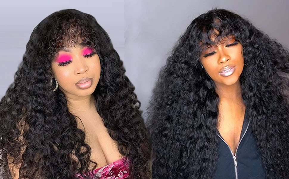 Long Water Wave Human Hair Wigs Bangs Glueless Fringe Kinky Curly Bob