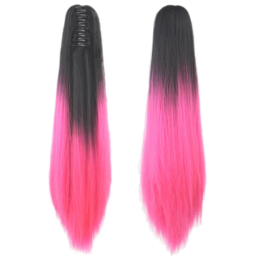 24'' Straight Synthetic Hair Clip in Extension Red Pink Claw Ponytail Hairpieces