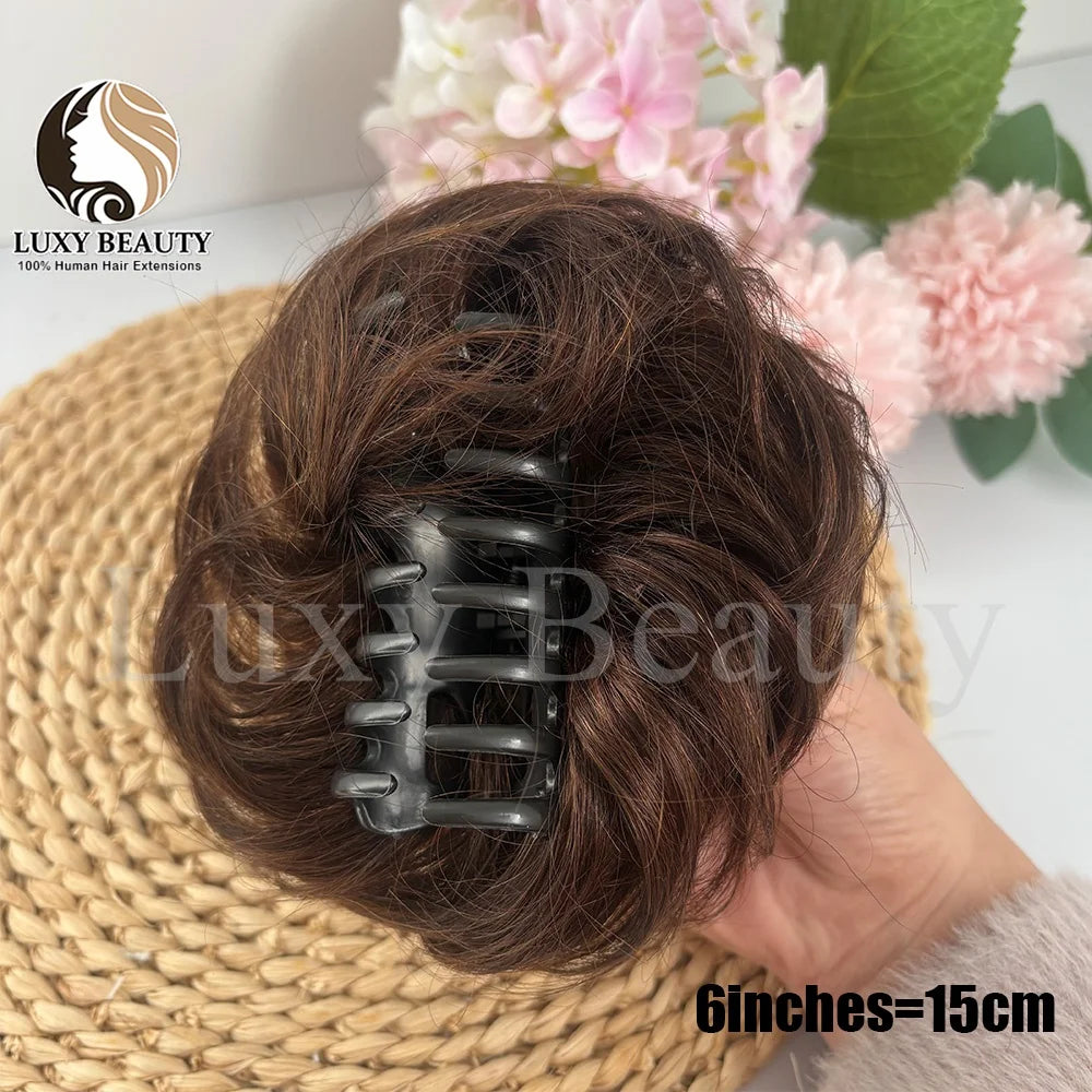Brown Curly Claw Clip Messy Bun Ponytail Human Hair Extensions Black Blonde