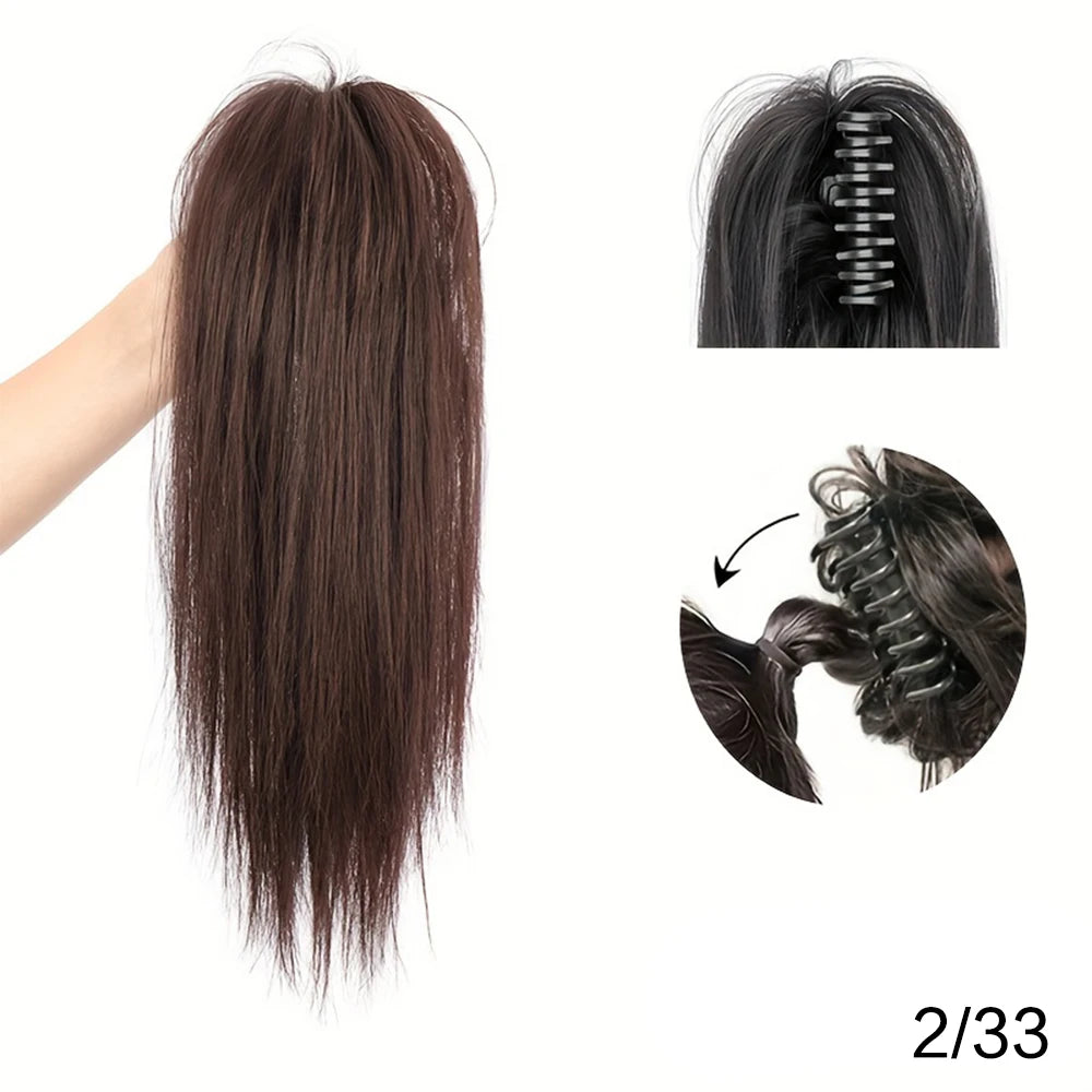 14Inch Synthetic Waterfall Long Straight Black-Brown Claw Clip in Ponytail Extension Everyday Use
