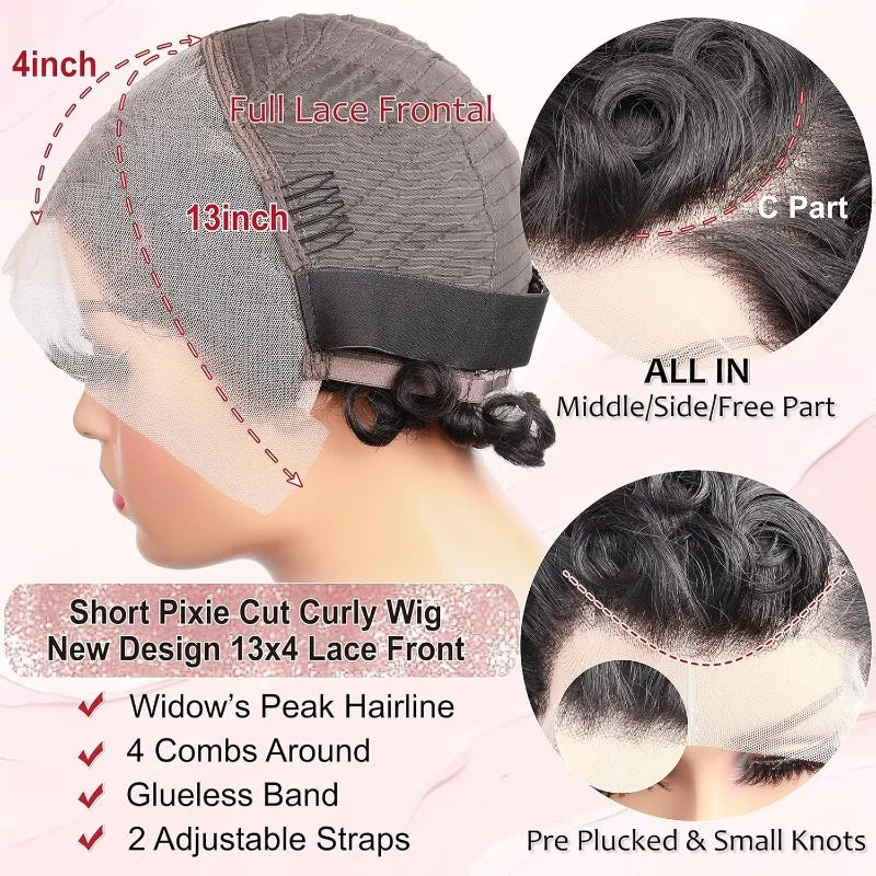 Curly Pixie Cut 13x4 Lace Front Wig, Human Hair, Short Layered Glueless Wig, Pre Plucked with Bangs, Natural Black