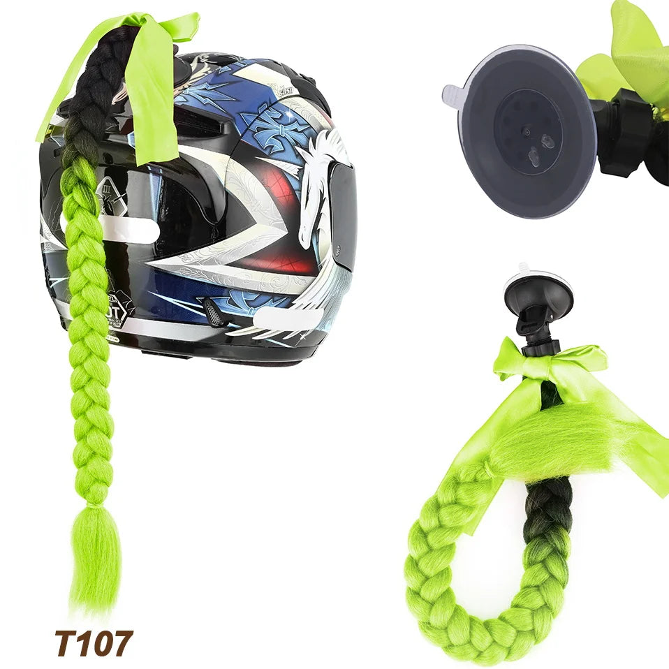 Synthetic Helmet Pigtails Gradient Ramp Braids Ponytail Hair Suction Cup Bowknot Motor