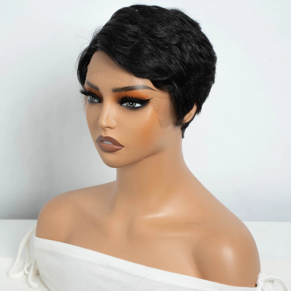 Black Short Pixie Cut, 13x1 C Part Lace Front 100% Human Hair