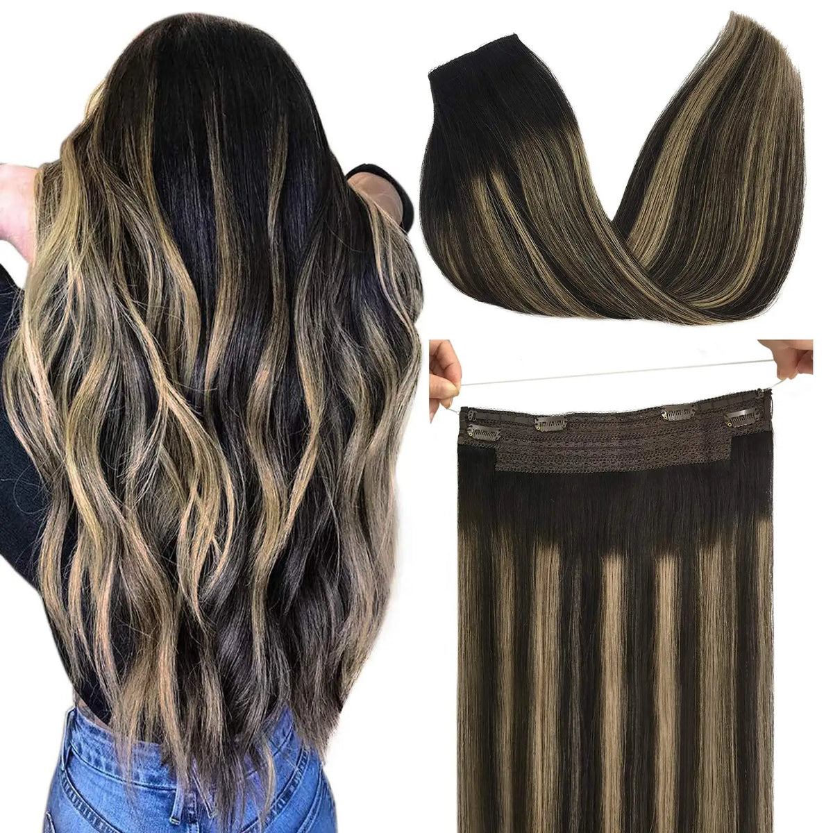 Wire in Hair Extensions Real Human Balayage Dark Brown To Chestnut Invisible