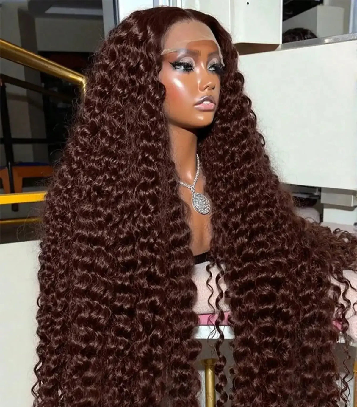 Chocolate Brown Deep Wave Frontal Wig Colored Curly Lace Front Human Hair