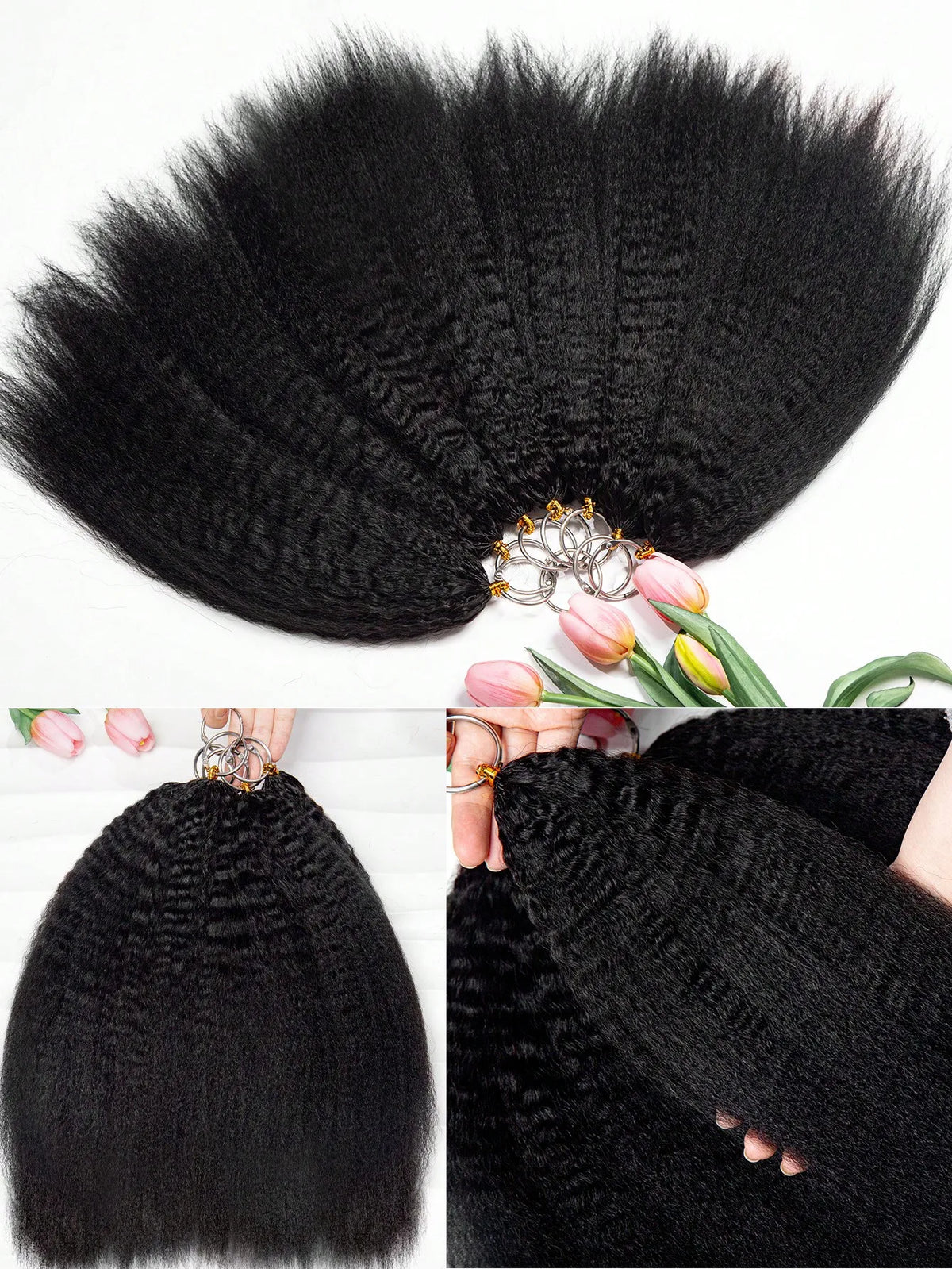 Kinky Straight Human Crochet Hair Extensions, 26-30 Inch, Pre-Separated Feather Crochet, Natural Black
