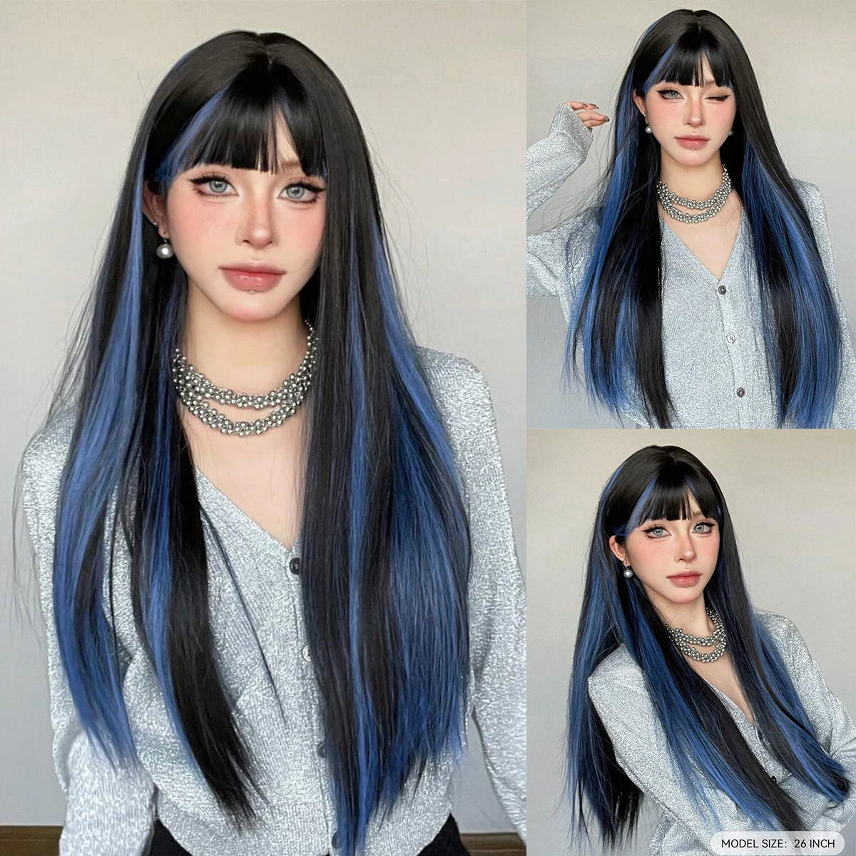 Black Highlight Pink Synthetic Wig Bangs Long Straight Red Cosplay Party Christmas