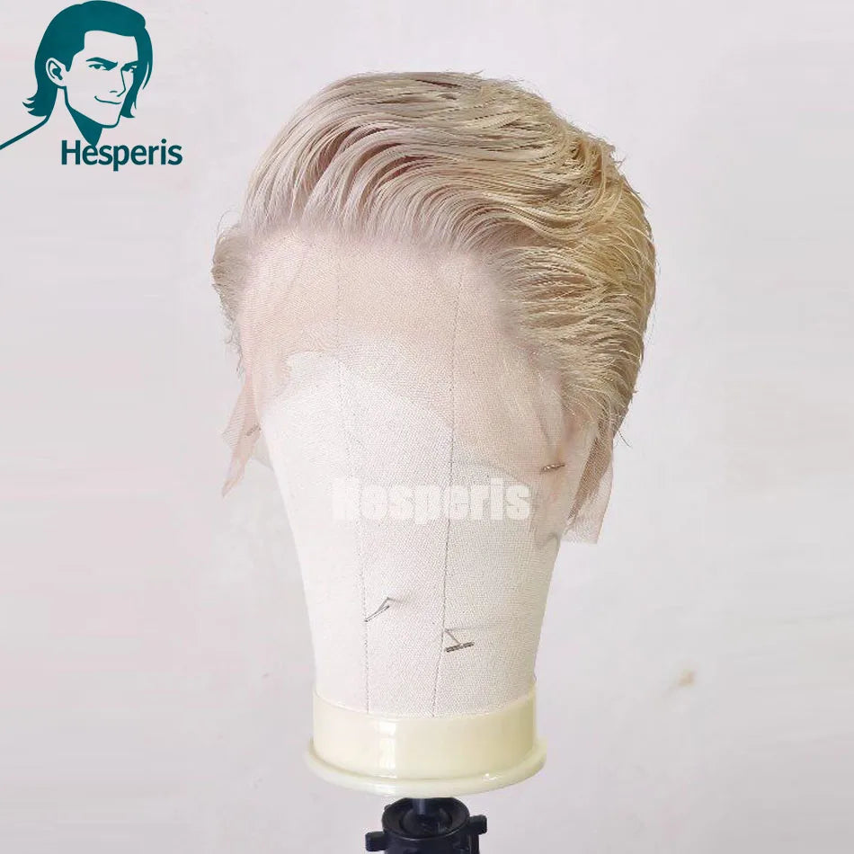 Blonde Human Hair Full Lace Wig for Men, Pixie Cut, Pre-Plucked