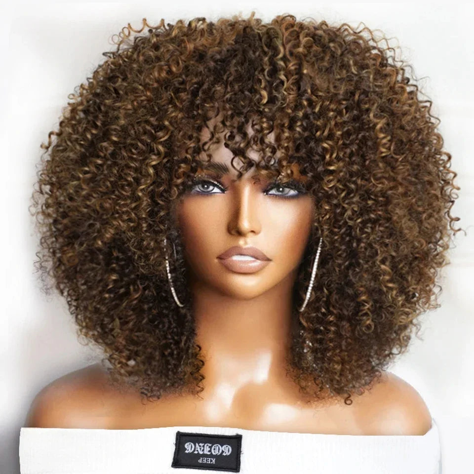 Brazilian Short Curly Human Hair Wig Natural Brown Color Afro Kinky Bangs