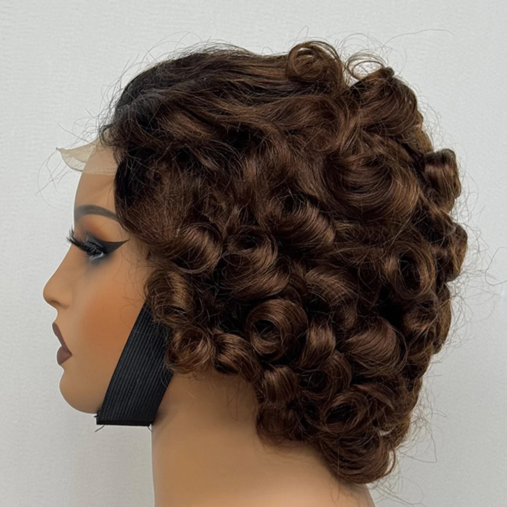 4x4 Lace Closure Wig Short Bouncy Texture Pixie Hair Real Human, 200%