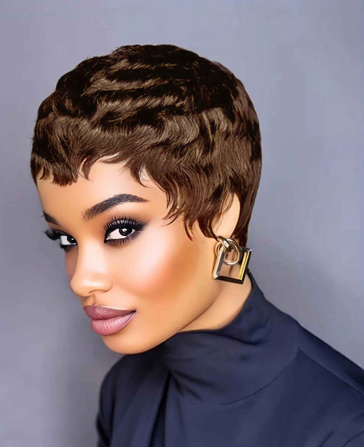 Short Human Hair Wigs Bangs Pixie Full Machine Natural Black Burgundy Brow