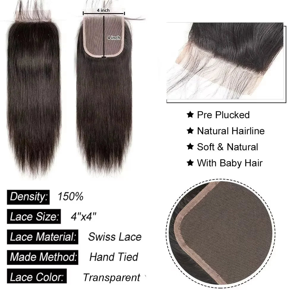 Raw Indian Straight Human Hair Bundles Closure Invisible Melt Skin, 4x4 HD