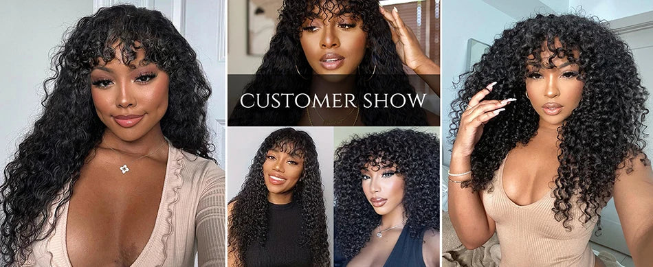 Long Water Wave Human Hair Wigs Bangs Glueless Fringe Kinky Curly Bob