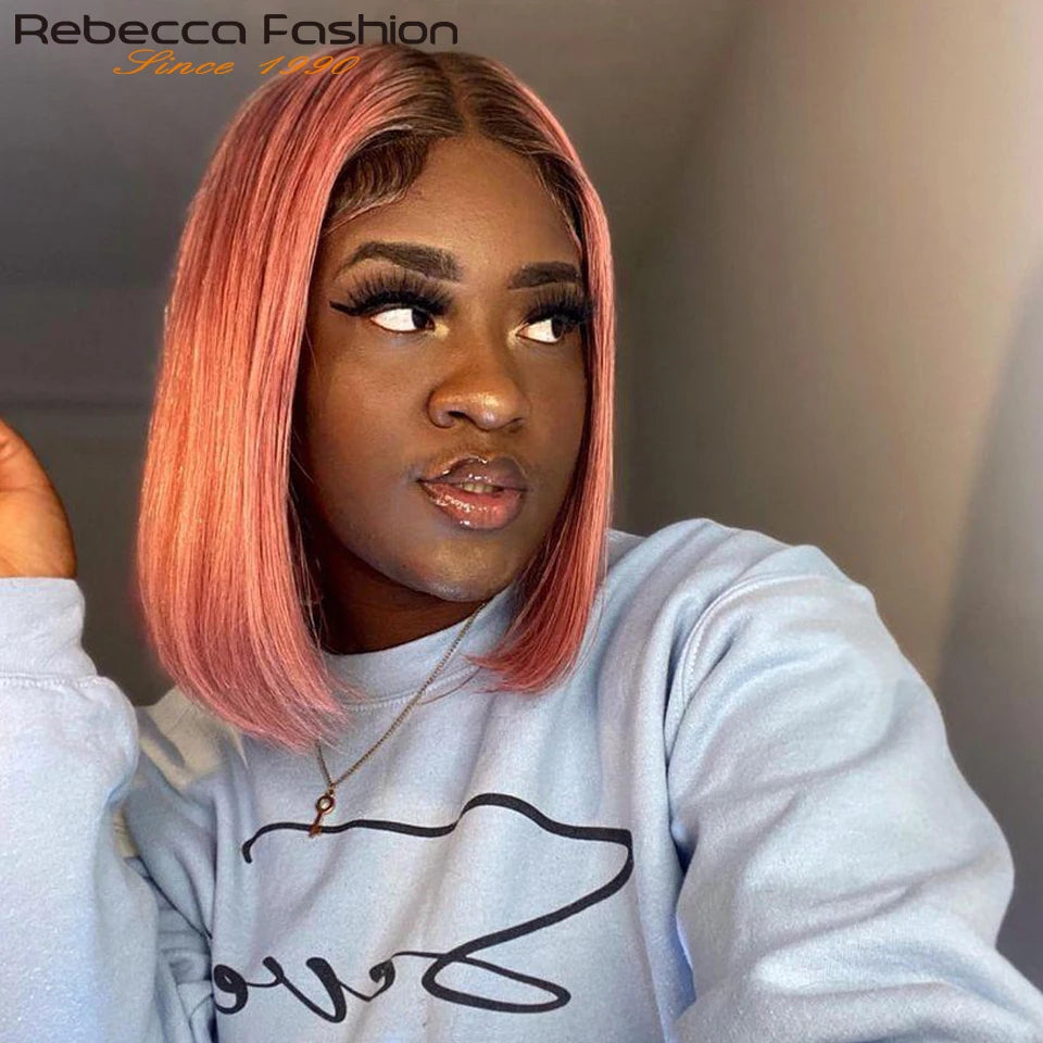 Short Cut Colored Pink Bob T Part Lace Wigs Human Hair 180D