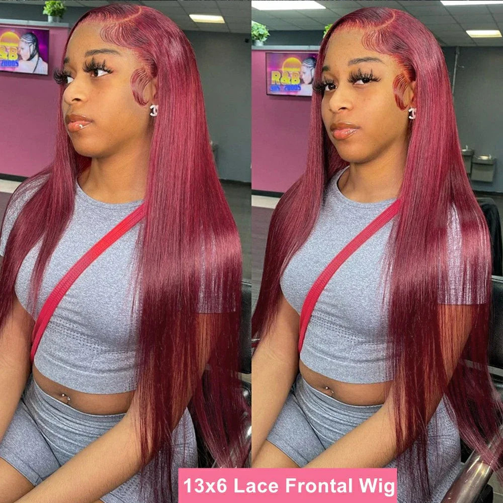 13x6 Peruvian Straight Hair HD Lace Front Wig Human 99J Burgundy Pre-plucked